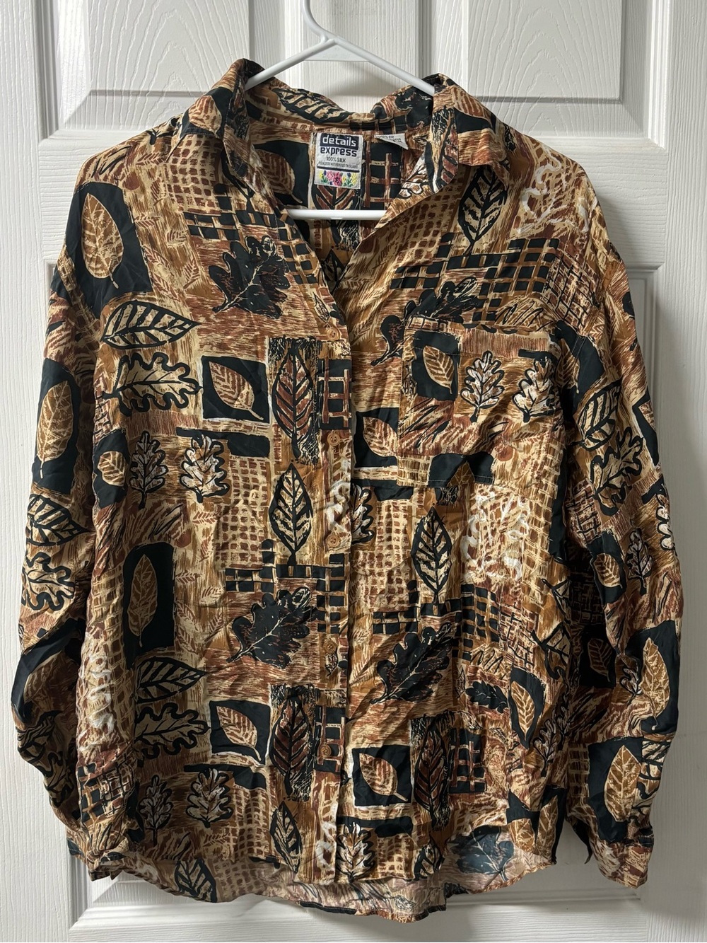 Details Express Vintage 100% Silk Tropical Leaf Print Button-Down Shirt
